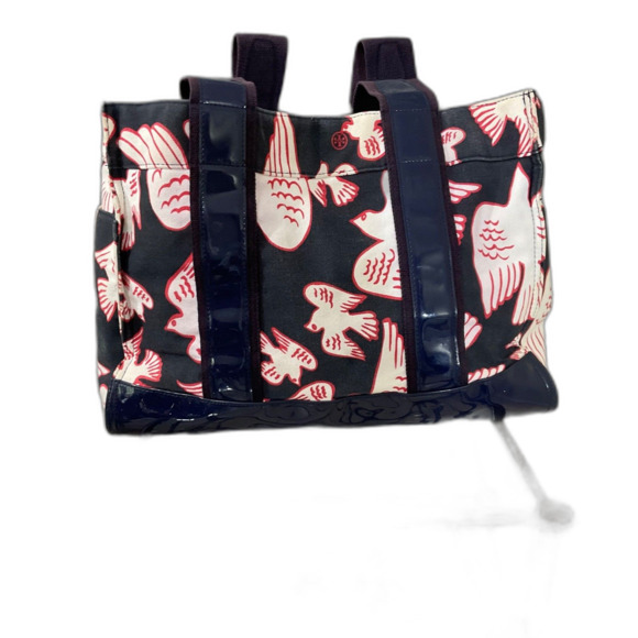 Tory Burch Purse Tote shopper Bag Birds Logo, Canvas & Patten Leather blk/navy - Picture 2 of 10
